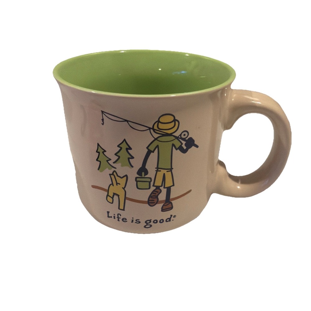 RARE HTF Life is‎ Good Oversized coffee mug Adirondack Jake fishing With Dog